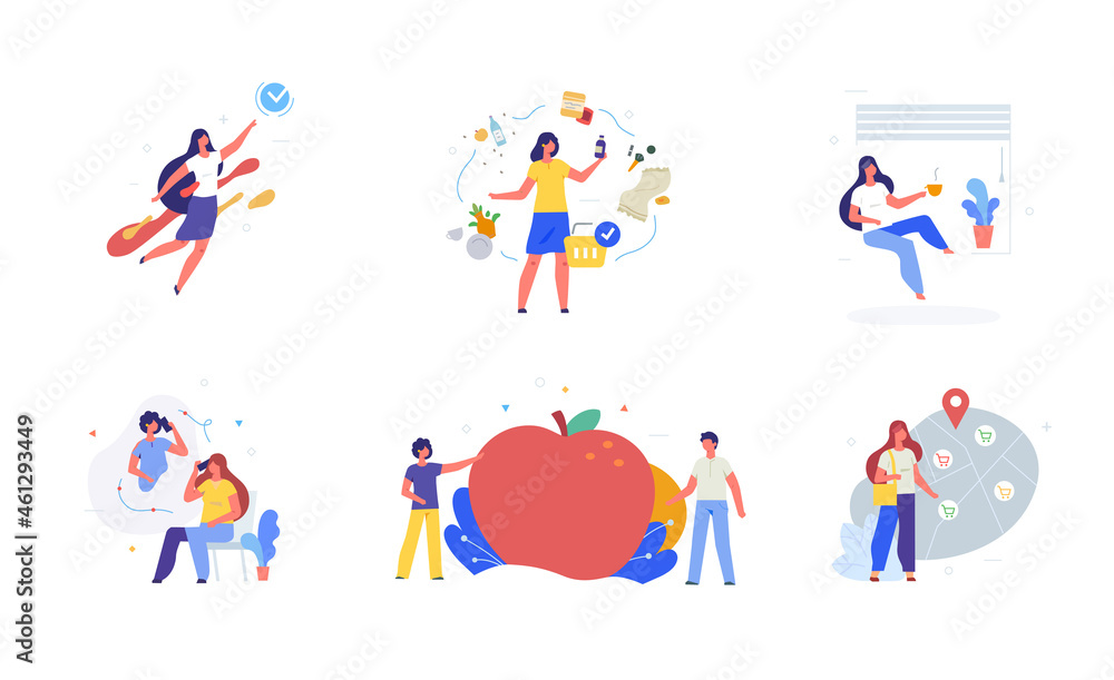 People use smartphones, home, care, leisure tourism, health, dream, social networks set of icons, illustration. Smartphones tablets user interface social media.Flat illustration Icons infographics