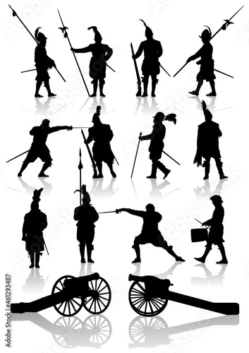 Isolated vector silhouettes of renaissance era soldiers and cannons.