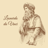 Sketch portrait of Leonardo da Vinci's statue in Florence, Italy. Man with a book in his hand and a hat on head. Vintage brown and beige card, hand-drawn, vector. Old design. Line graphics.