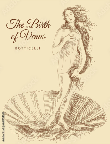 Sketch of the famous painting by Sandro Botticelli 'The Birth of Venus'. Woman with loose hair in a shell.  Italian Renaissance. Vintage brown and beige card, hand-drawn, vector. Old design. photo