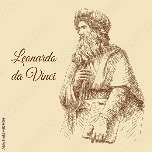 Sketch portrait of Leonardo da Vinci's statue in Florence, Italy. Man with a book in his hand and a hat on head. Vintage brown and beige card, hand-drawn, vector. Old design. Line graphics.