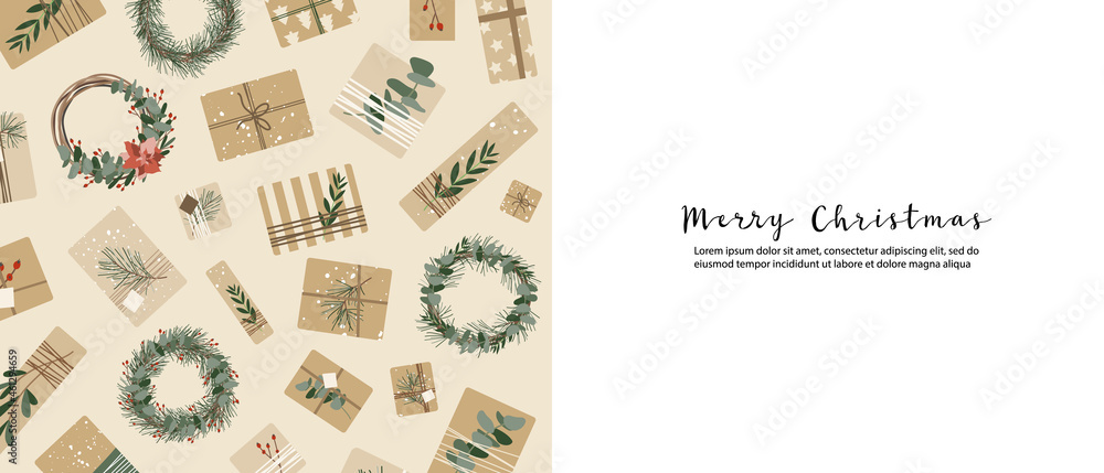 Christmas presents in kraft paper, wreaths. Rustic craft gift box. Eco decoration, eucalyptus, spruce. Xmas and New 2022 Year celebration. Vector flat cartoon illustration, winter banner, card, flyer