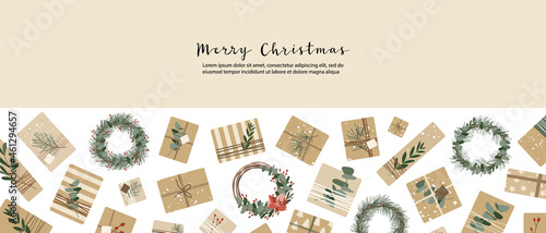 Christmas presents in kraft paper, wreaths. Rustic craft gift box. Eco decoration, eucalyptus, spruce. Xmas and New 2022 Year celebration. Vector flat cartoon illustration, winter banner, card, flyer