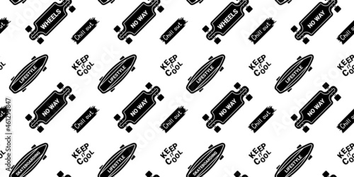 Vector Illustration of Black Board with Word. Skateboarding Seamless Pattern with Cartoon Skate Board. Line Art Style Skate on White Background
