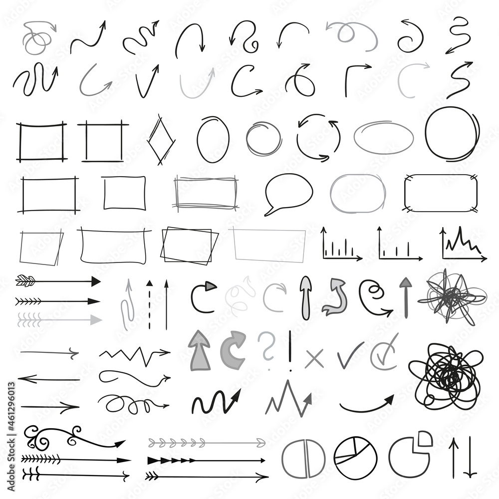 Infographic elements on isolation background. Big set of different signs. Hand drawn simple elements. Highlighters for design. Line art. Abstract circles, arrows and rectangle frames. Doodles for work Infographic elements on isolation background. Big set of different signs. Hand drawn simple elements. Highlighters for design. Line art. Abstract circles, arrows and rectangle frames. Doodles for work
