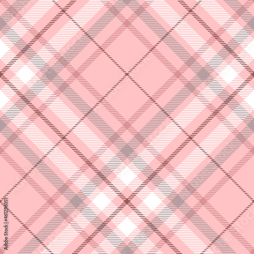 Seamless plaid check pattern in pale pink, faded burgundy, grey and white. Diagonal repeat. 