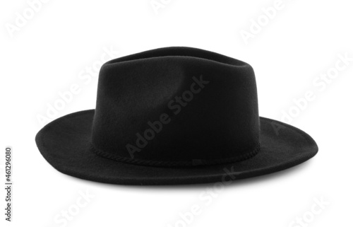 Stylish black hat isolated on white. Trendy headdress