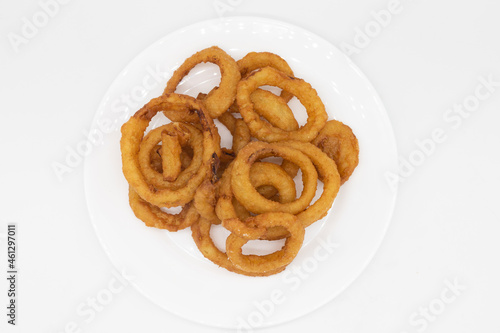 Overhead View of Delicious Onion Rings on a White Plate