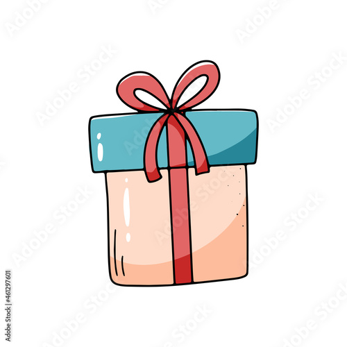Gift box with a bow tied with a ribbon isolated on a white background. Vector illustration, doodle icon
