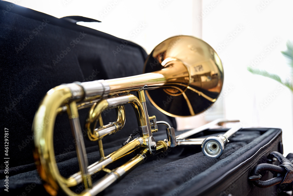 Obraz premium Trombone detail with transposer mounted and supported on suitcase front