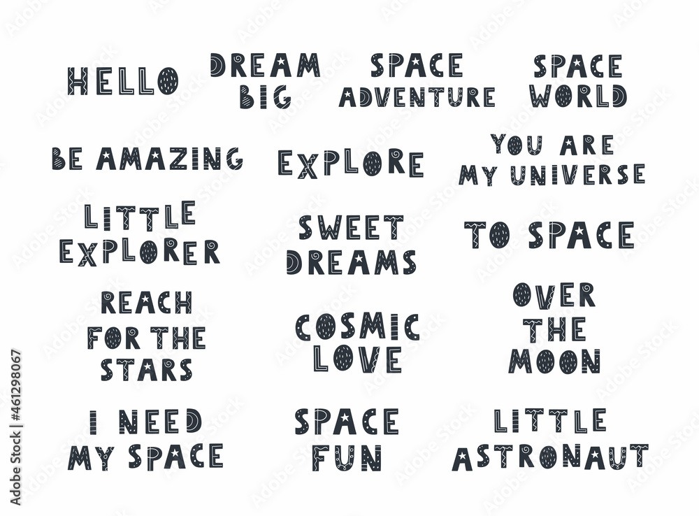 Obraz premium Collection of Space black and white hand drawn lettering. Vector illustration.