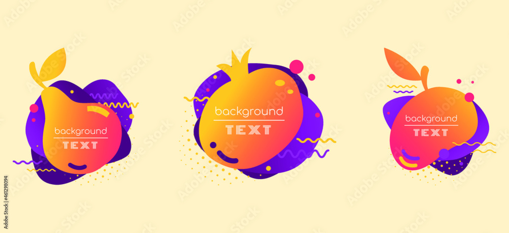 A set of bright banners with a fruit silhouette and text