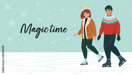Man and woman skating together, happy couple. Winter activities, winter fun, magic time. Vector illustration in flat style