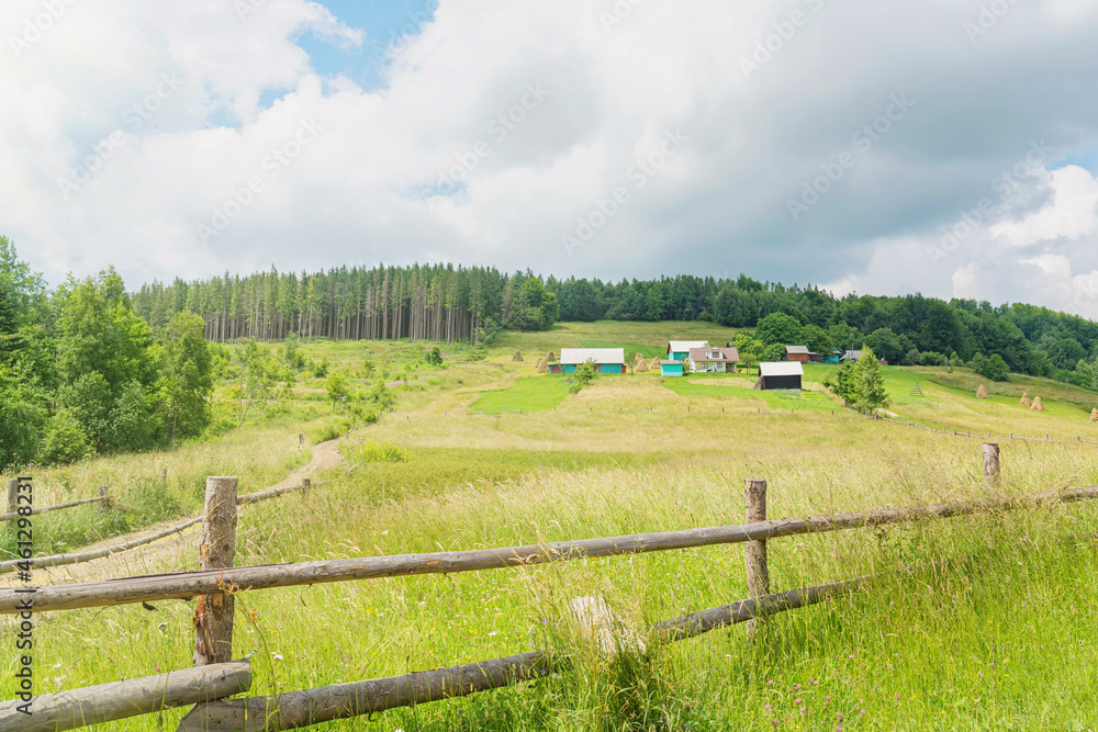 Obraz premium Houses of a mountain village on a hill near the forest