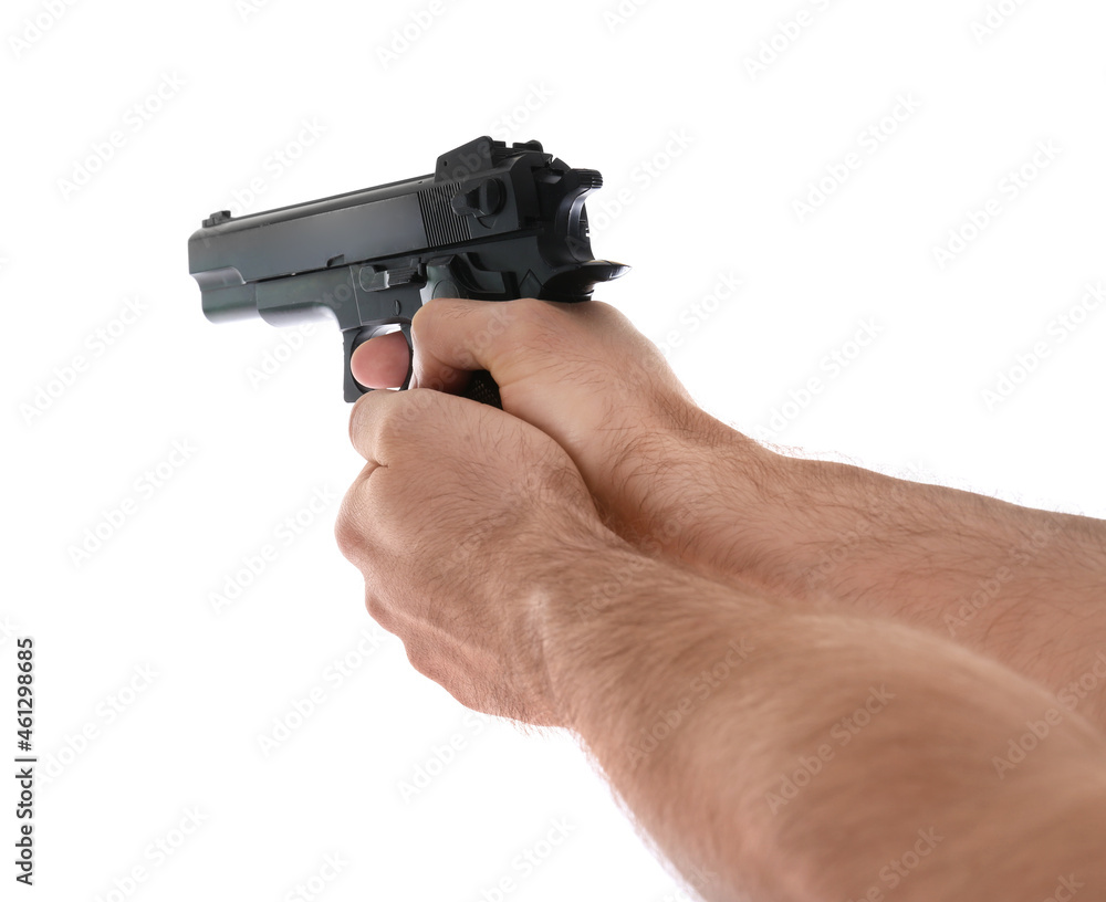 Man holding gun on white background, closeup Man holding gun on white background, closeup