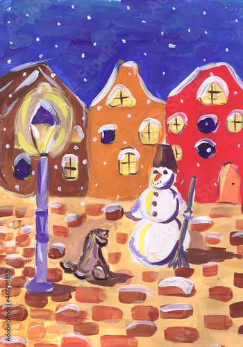 Obraz na plátně Snowman and dog on the street of the old town