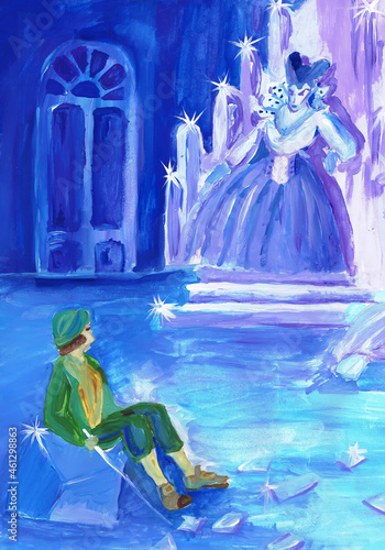 Snow Queen and Kai in the palace. Illustration for the tale of H.K. Anderesen 