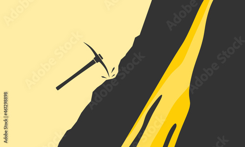 Pickaxes digging for gold mineral from hard rock.
