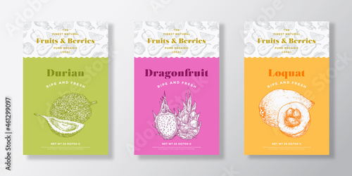 Fruits and Berries Pattern Label Templates Set. Vector Packaging Design Layout Collection. Modern Typography Banner with Hand Drawn Dragonfruit, Durian and Loquat Sketches Background. Isolated