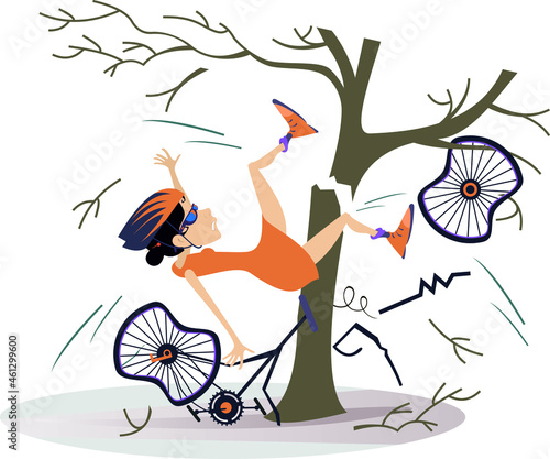 Cyclist woman smashed into a tree isolated illustration.
Young woman smashed into a tree and falls down from the broken bicycle isolated on white illustration 
