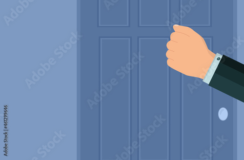 A knock on the door. The man's hand knocks, the entrance is closed. A fist touches the office door. Please open the room and enter. Assertive businessman, sales manager or postman. Vector illustration