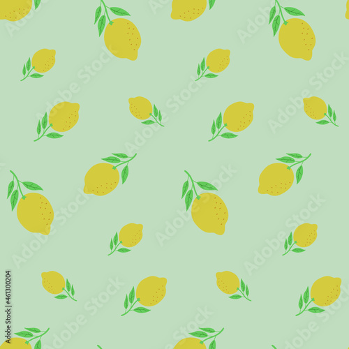 Fototapeta Naklejka Na Ścianę i Meble -  Seamless lemon pattern with leaves. Color vector illustration of doodle style.