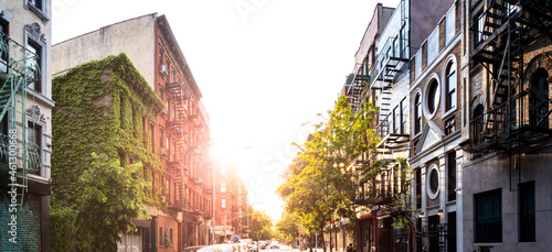 Panoramic view of the historic buildings on Stanton Street in the Lower East Side neighborhood of New York City