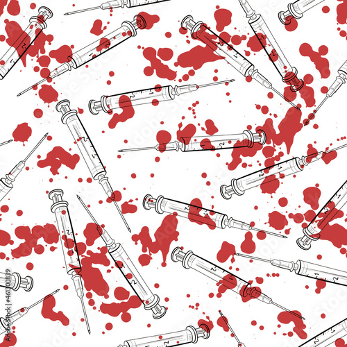 Seamless pattern with syringe linear black and white drawing. Red drops blood. Illustration