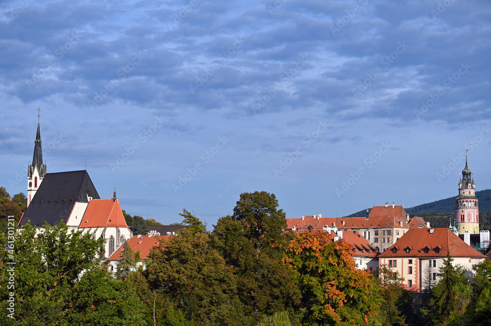 Saint Vitus Church and Castle tower cityscape in  Cesky Krumlov Czech republic