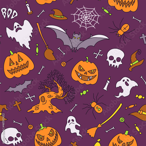 Seamless pattern  background Vector illustration  halloween party elements. Set of icons in cartoon style.