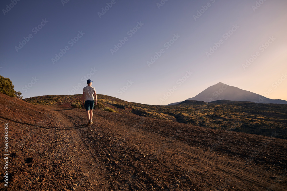 Rear view of man walking on dirt road against beautiful volcanic landscape at sunset. Volcano Teide, Tenerife, Canary Islands, Spain..