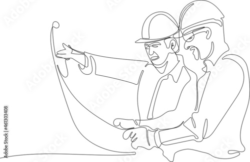 architects at a construction site looking at plan. View of a Worker and architect watching some details on a construction. Vector illustration