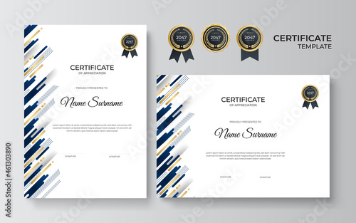 Blue and gold certificate of achievement template with gold badge and border