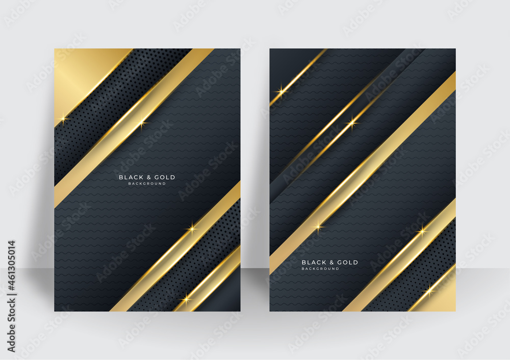 Modern luxury premium black gold background for cover design template. Black gold elegant background overlap dimension abstract geometric modern. Suit for business and corporate