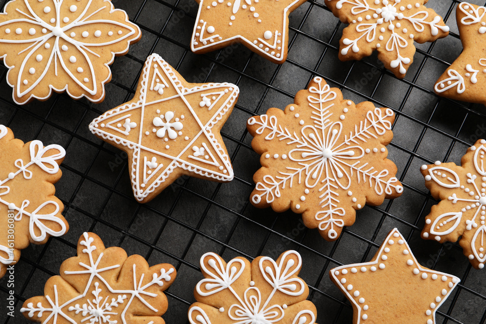 Tasty Christmas cookies on cooling rack, top view Tasty Christmas cookies on cooling rack, top view