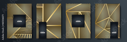Modern black stripe cover design set. Luxury creative gold dynamic diagonal line pattern. Formal premium vector background for business brochure, poster, notebook, menu template