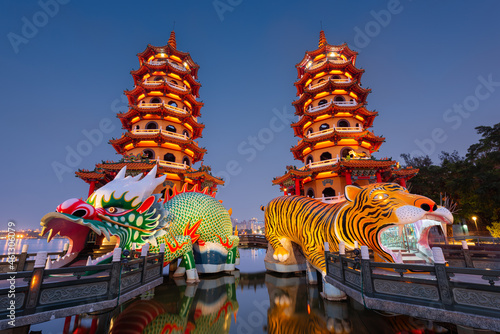 Kaohsiung, Taiwan Dragon and Tiger Pagodas at Lotus Pond. photo
