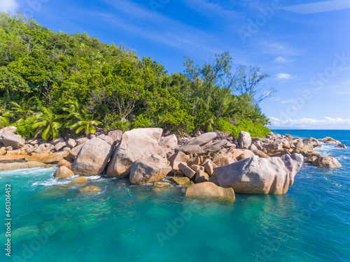 An aerial view of the stones on Anse Georgette beach on Praslin island in Seychelles