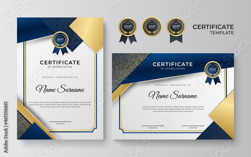 Modern elegant blue and gold diploma certificate template. Clean modern certificate with gold badge. Certificate border template with luxury and modern line pattern. Diploma vector template