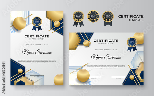 Modern elegant blue and gold diploma certificate template. Clean modern certificate with gold badge. Certificate border template with luxury and modern line pattern. Diploma vector template