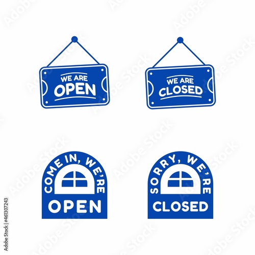 Set Sign We Are Open, Close, Sign In, Sorry. Sign board with String and Shaped Like a Flat Window in Blue Trendy Style - Vector Illustration
