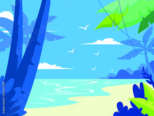 Cartoon summer beach. paradise nature vacation, ocean or sea seashore. seaside landscape background illustration