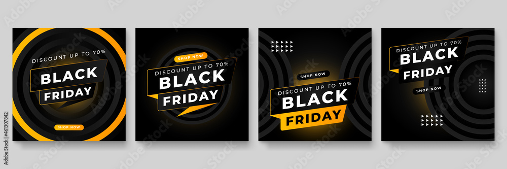 Black Friday Super Sale on Black Background. Black Friday Sale set of social media posters or flyers design with geometric shapes. Vector illustration.