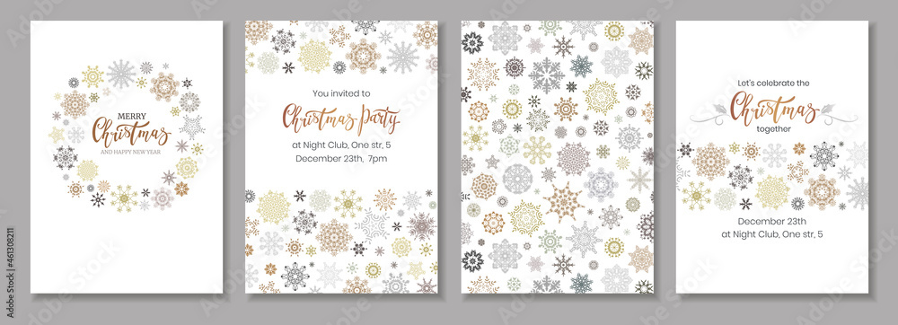 Set of Christmas backgrounds with colored snowflakes and lettering inscription Merry Christmas. Card or invitation templates.
