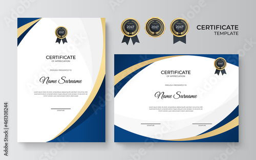Elegant blue and gold diploma certificate template