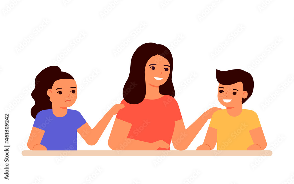 Fototapeta premium Jealous relationship siblings in family, conflict children and envy for mother. Parent choice darling child, inequality kids. Jealousy in family. Childrens jealousy, resentment. Vector