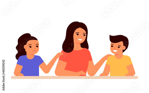Jealous relationship siblings in family, conflict children and envy for mother. Parent choice darling child, inequality kids. Jealousy in family. Childrens jealousy, resentment. Vector