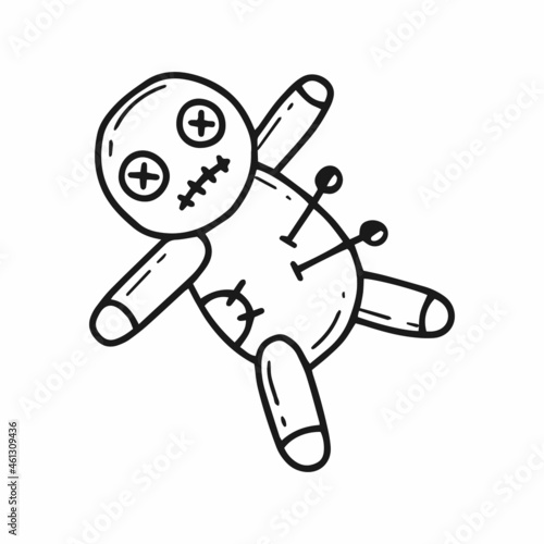A voodoo doll with pins in a simple doodle style. Vector illustration.