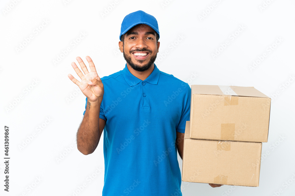 Delivery Ecuadorian man isolated on white background happy and counting four with fingers Delivery Ecuadorian man isolated on white background happy and counting four with fingers