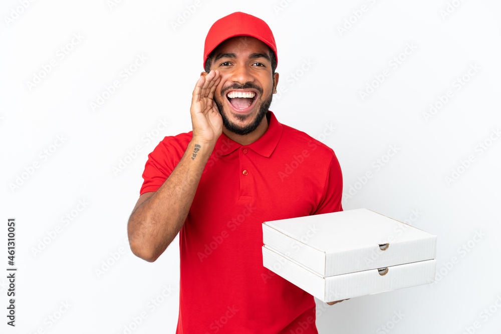 pizza delivery man picking up pizza boxes isolated on white background shouting with mouth wide open pizza delivery man picking up pizza boxes isolated on white background shouting with mouth wide open